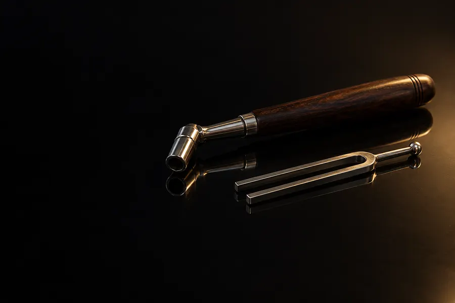 Stimmhammer mit dunklem Holzgriff und eine Stimmgabel aus Stahl auf einer schwarzen Lackfläche im Licht einer kleinen Lampe